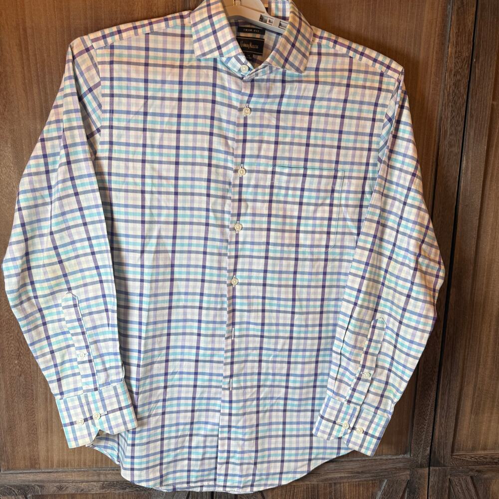 Neiman Marcus Trim Fit 15 32/33 Wrinkle Free Cotton Plaid Dress Shirt Mens